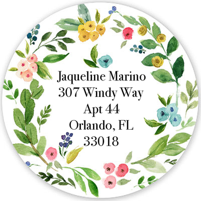 White Bud Wreath Round Address Labels